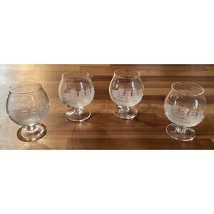 4 Toscany Clipper Ship Etched Frosted Brandy Snifter Glasses Footed 3.5”